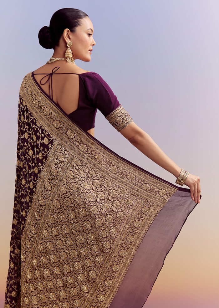 Wine Banarasi Silk Saree With Heavy Zari And Jaal Work