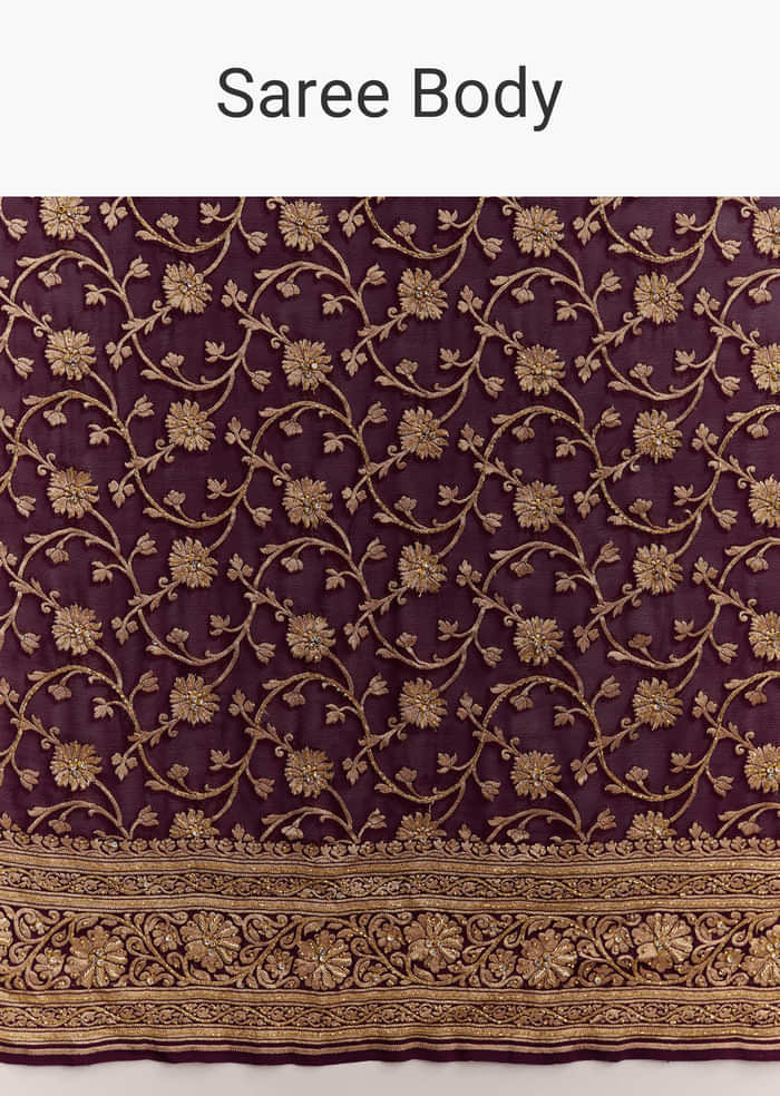 Wine Banarasi Silk Saree With Heavy Zari And Jaal Work