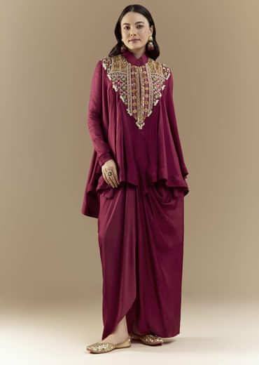 Wine Chinon Asymmetric Cape Top and Skirt Set
