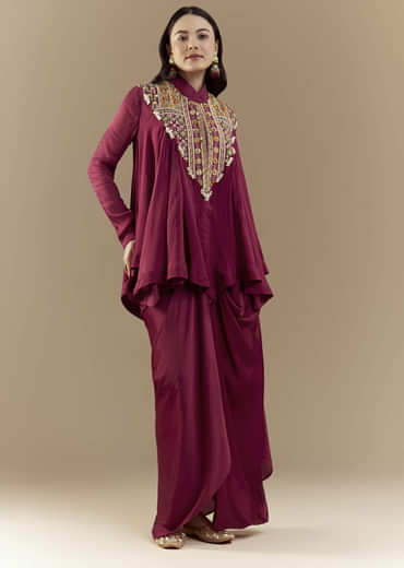 Wine Chinon Asymmetric Cape Top and Skirt Set