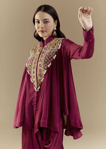 Wine Chinon Asymmetric Cape Top and Skirt Set