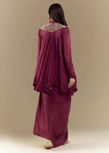 Wine Chinon Asymmetric Cape Top and Skirt Set