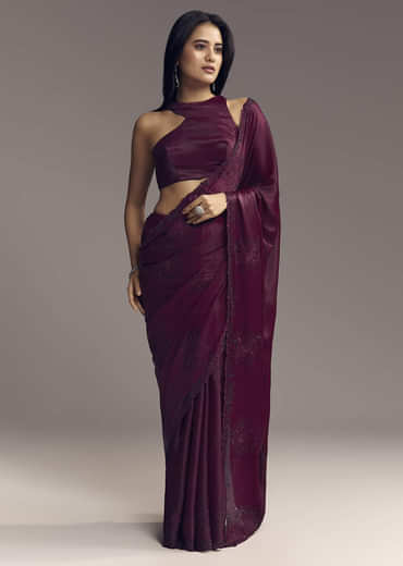 Wine Chinon Saree With Resham Floral Embroidery