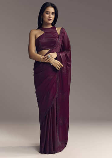 Wine Chinon Saree With Resham Floral Embroidery