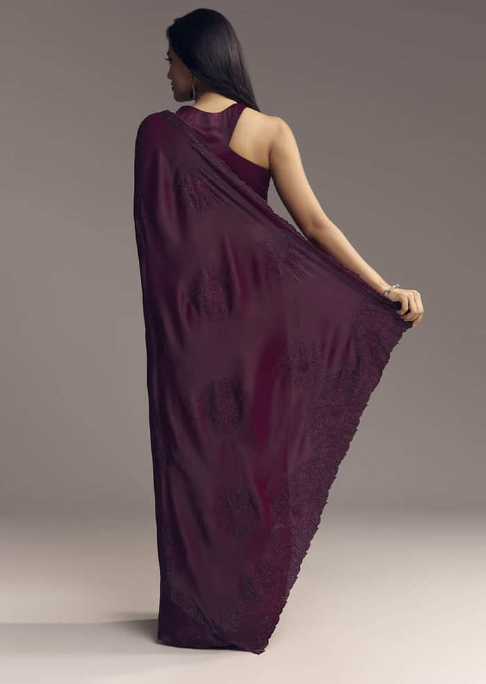 Wine Chinon Saree With Resham Floral Embroidery