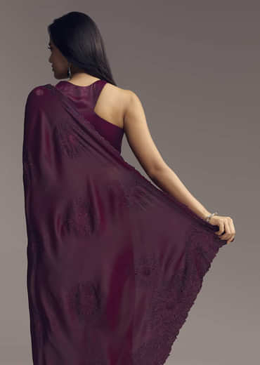 Wine Chinon Saree With Resham Floral Embroidery