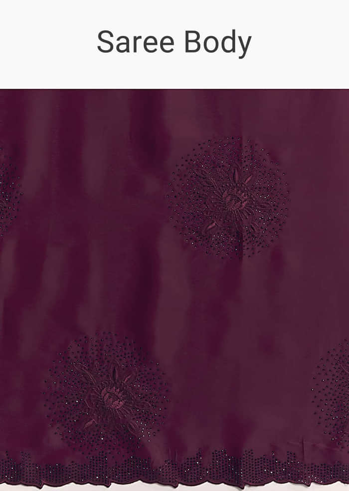 Wine Chinon Saree With Resham Floral Embroidery