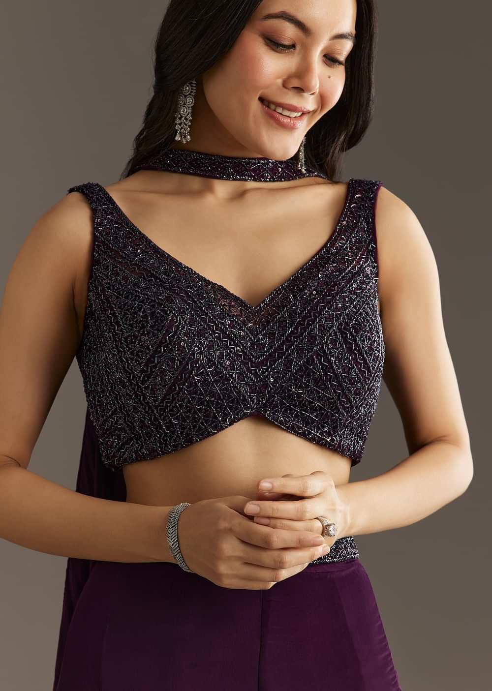 Wine Crepe Crop Top With Embroidered Palazzo And Choker Dupatta