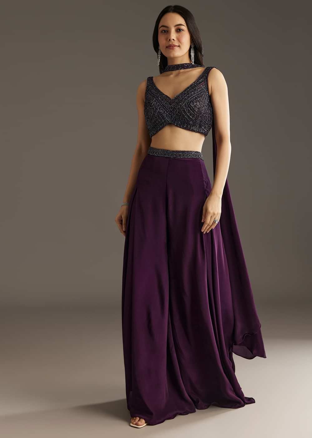 Wine Crepe Crop Top With Embroidered Palazzo And Choker Dupatta