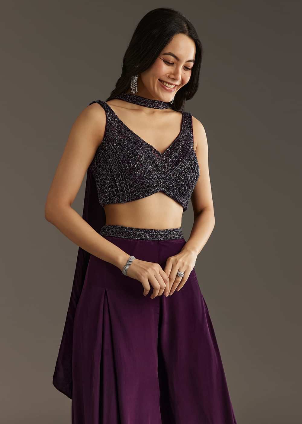 Wine Crepe Crop Top With Embroidered Palazzo And Choker Dupatta