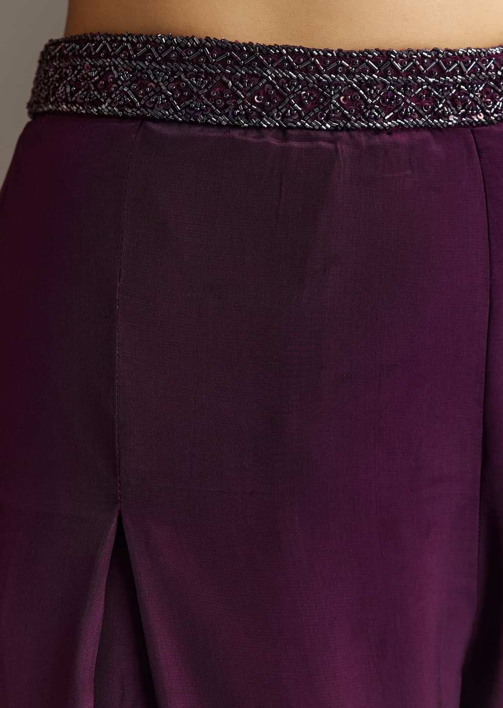 Wine Crepe Crop Top With Embroidered Palazzo And Choker Dupatta