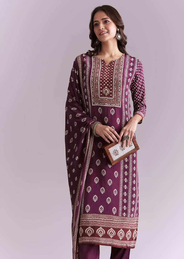Wine Crepe Kurta Set With Indie Print And Moti Work