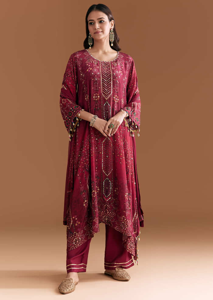 Wine Crepe Printed Kurta Set With Stone Work