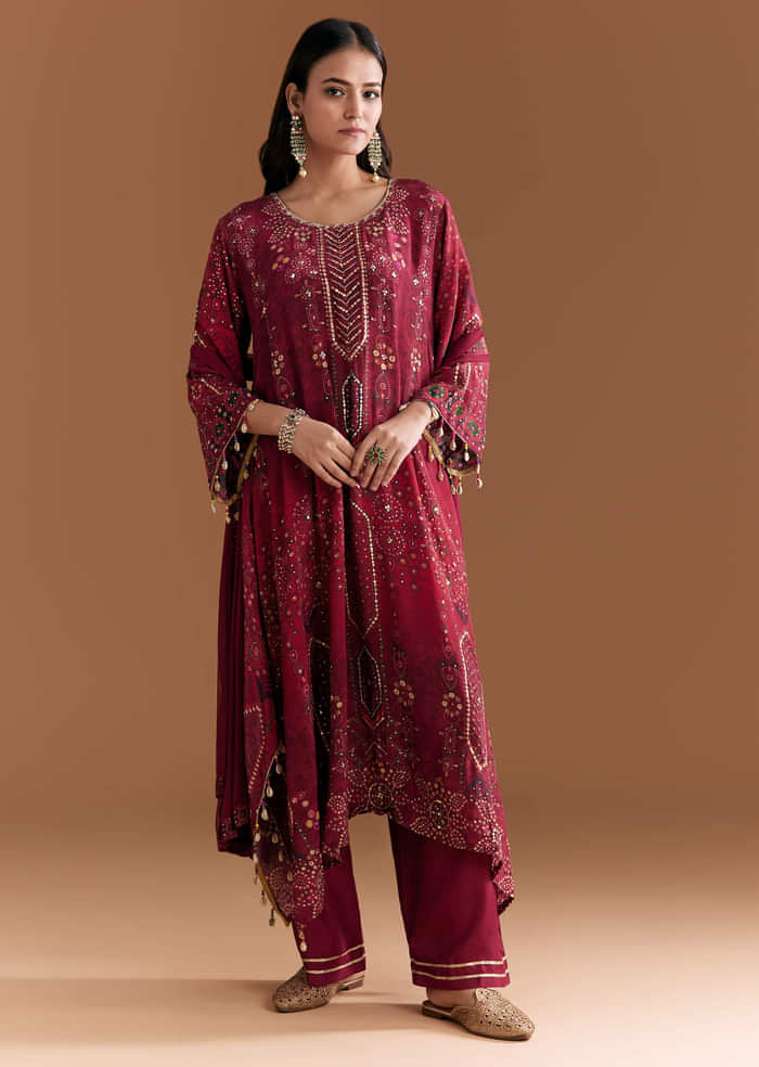 Wine Crepe Printed Kurta Set With Stone Work