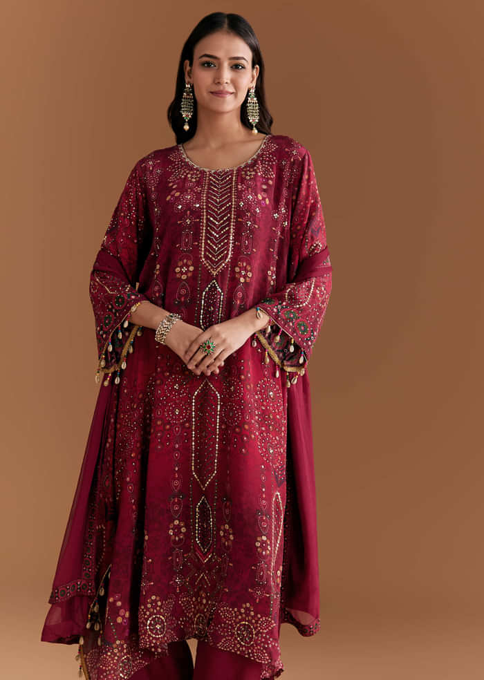 Wine Crepe Printed Kurta Set With Stone Work