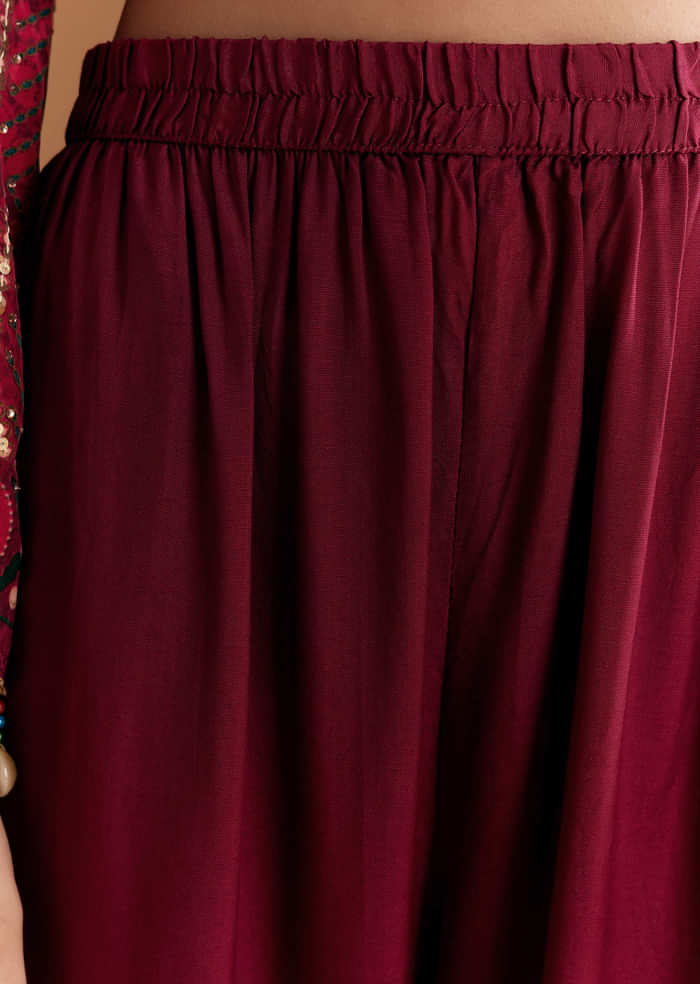 Wine Crepe Printed Kurta Set With Stone Work