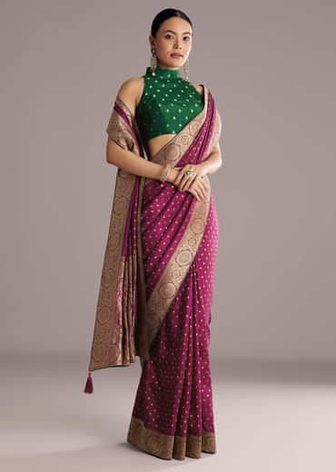 Wine Dola Silk Saree With Butti Work And Floral Border