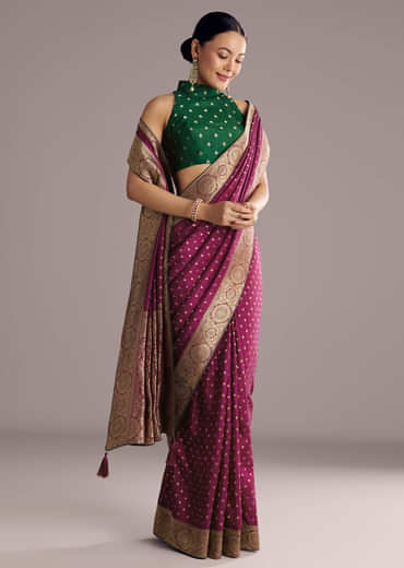 Wine Dola Silk Saree With Butti Work And Floral Border