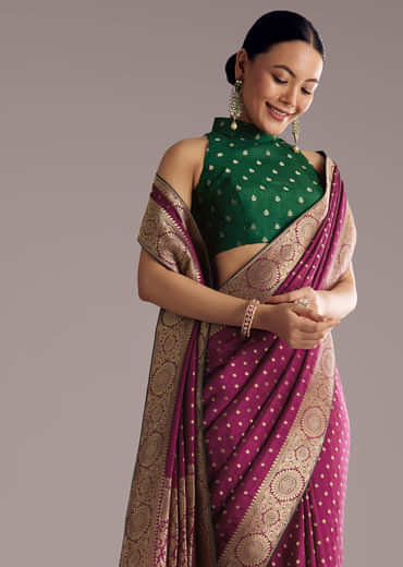 Wine Dola Silk Saree With Butti Work And Floral Border