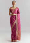 Wine Dola Silk Woven Saree With Golden Zari Embroidery