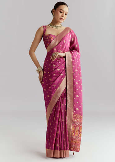 Wine Dola Silk Woven Saree With Golden Zari Embroidery
