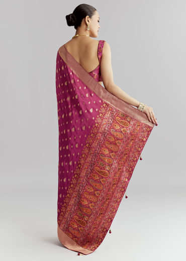 Wine Dola Silk Woven Saree With Golden Zari Embroidery