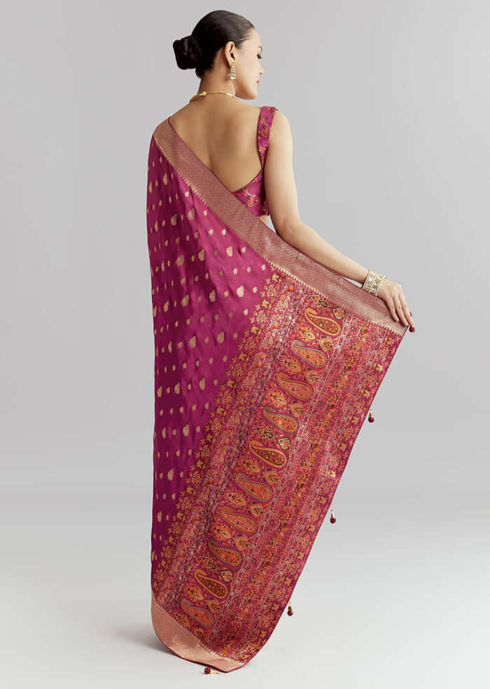 Wine Dola Silk Woven Saree With Golden Zari Embroidery