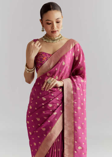 Wine Dola Silk Woven Saree With Golden Zari Embroidery