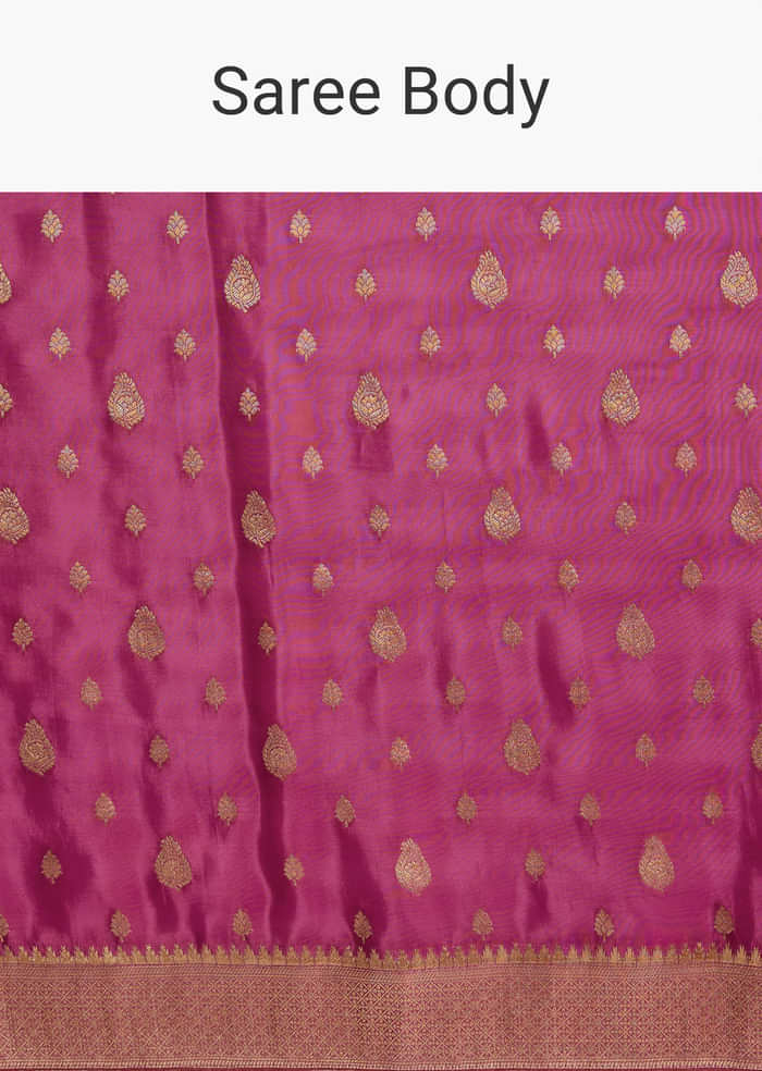 Wine Dola Silk Woven Saree With Golden Zari Embroidery