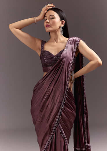 Wine Frill Drape Cutdana Saree With Sleeveless Overlap Blouse