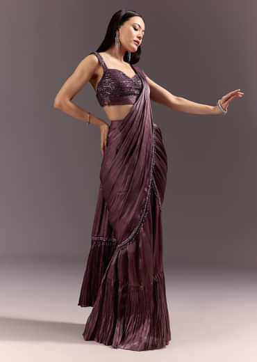 Wine Frill Drape Cutdana Saree With Sleeveless Overlap Blouse
