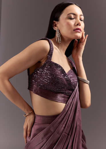 Wine Frill Drape Cutdana Saree With Sleeveless Overlap Blouse