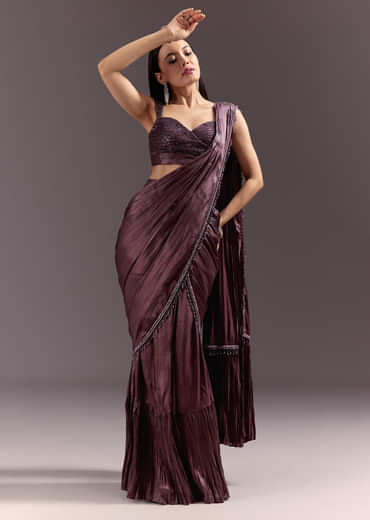 Wine Frill Drape Cutdana Saree With Sleeveless Overlap Blouse
