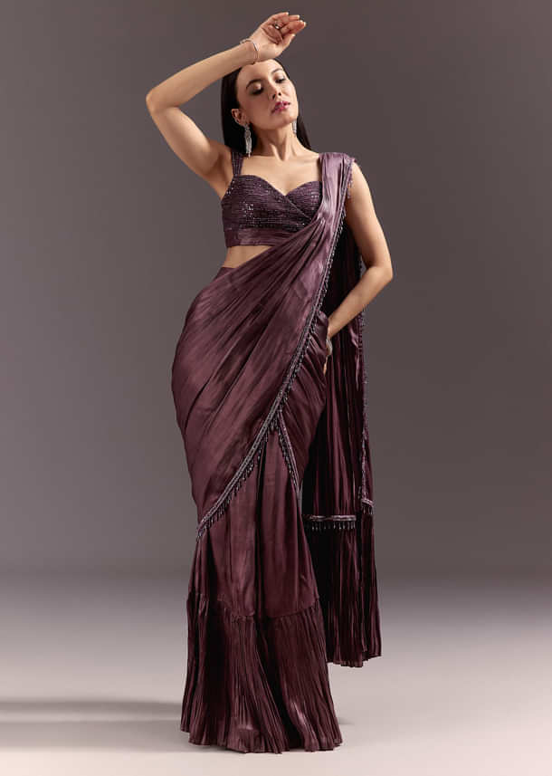 Wine Frill Drape Cutdana Saree With Sleeveless Overlap Blouse