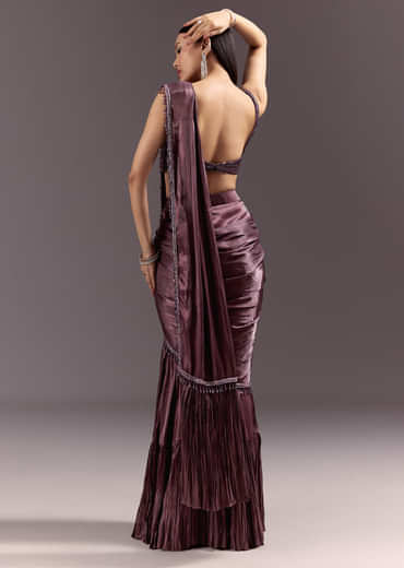 Wine Frill Drape Cutdana Saree With Sleeveless Overlap Blouse