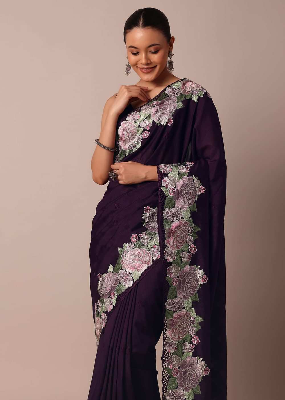 Wine-Hued Semi Tussar Silk Saree With Resham Thread Work