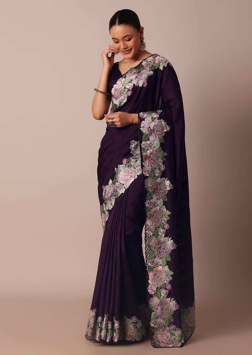 Wine-Hued Semi Tussar Silk Saree With Resham Thread Work