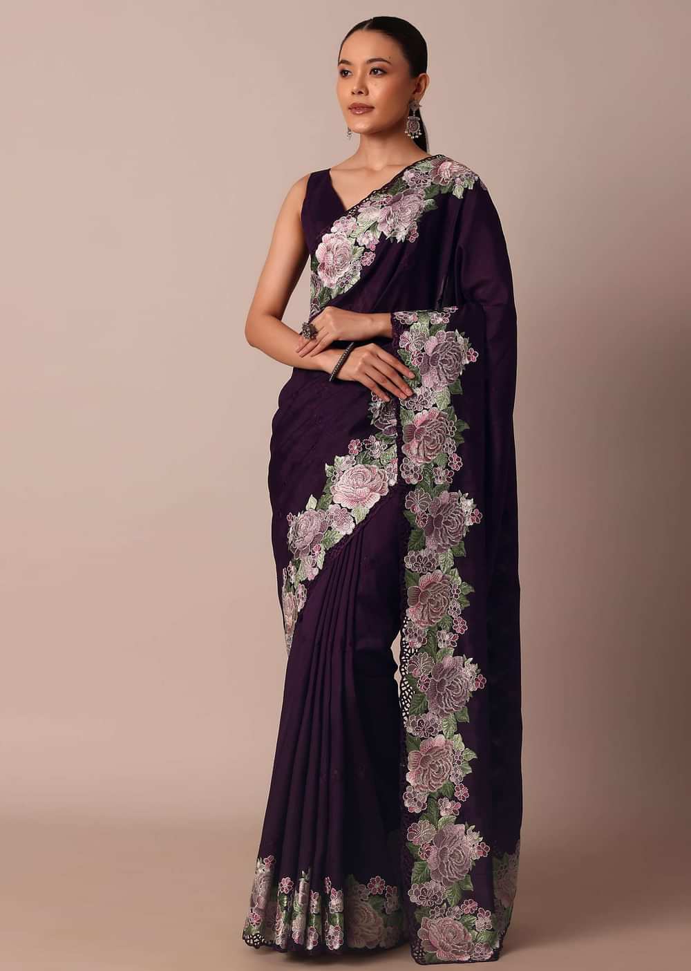 Wine-Hued Semi Tussar Silk Saree With Resham Thread Work
