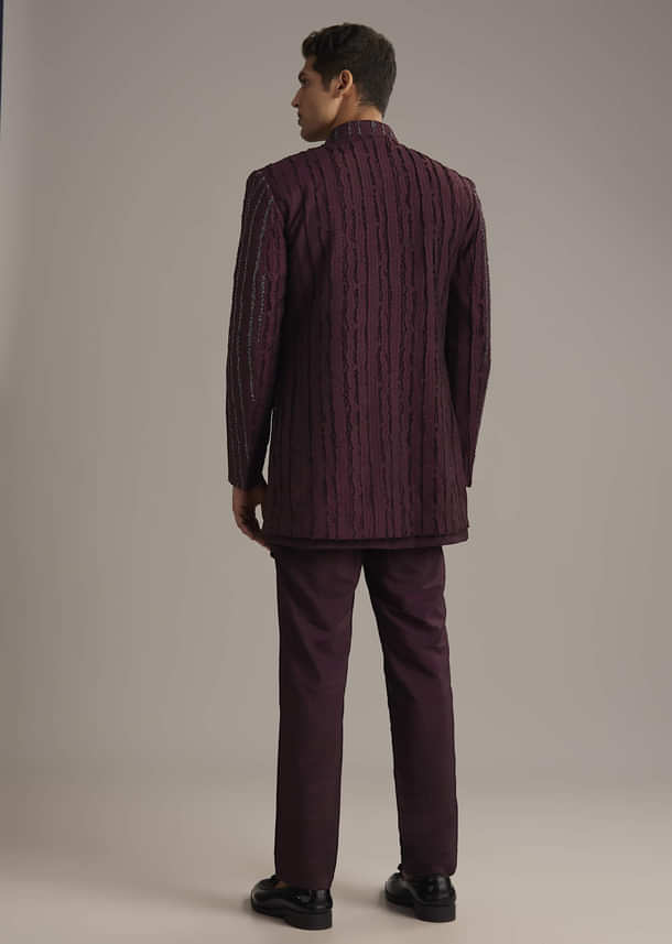 Wine Indo Western Set For Men With Cutdana Embroidery Wine Indo Western Set For Men With Cutdana Embroidery