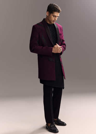 Wine Indo Western Set For Men With Heavy Hand Work