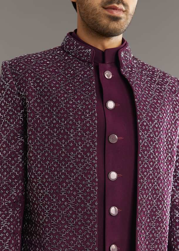 Wine Indo Western Set With Embellished Salli And Diamond Work