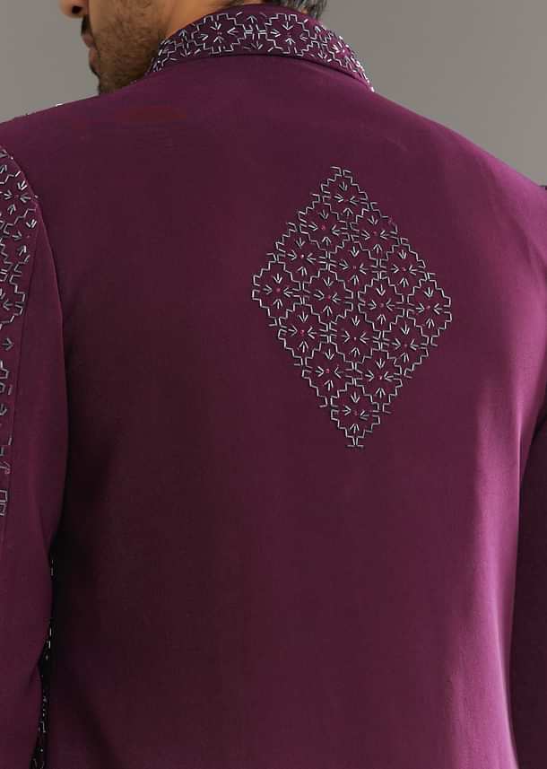 Wine Indo Western Set With Embellished Salli And Diamond Work