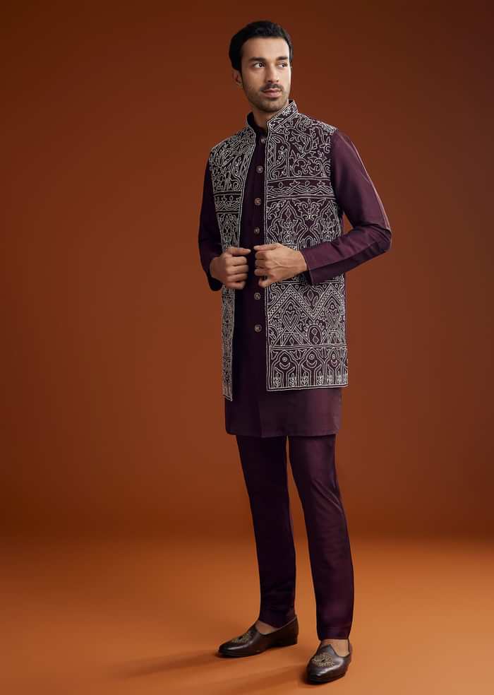 Wine Jacket Kurta Set With Thread Resham Embroidery