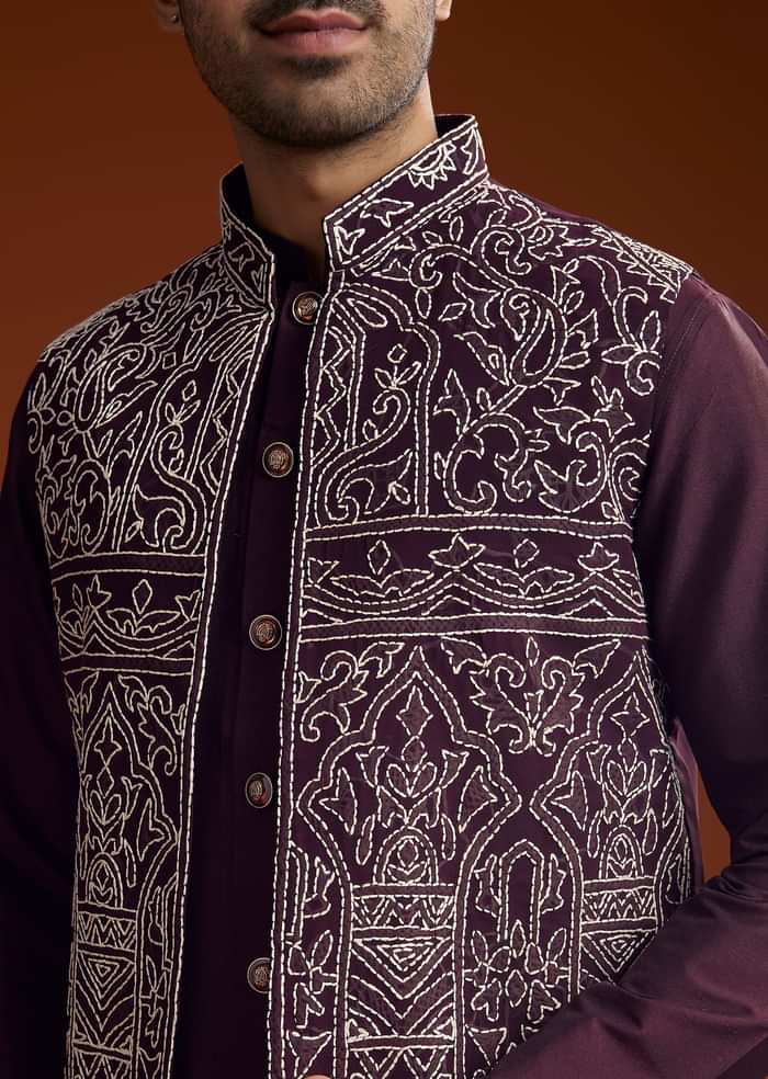 Wine Jacket Kurta Set With Thread Resham Embroidery