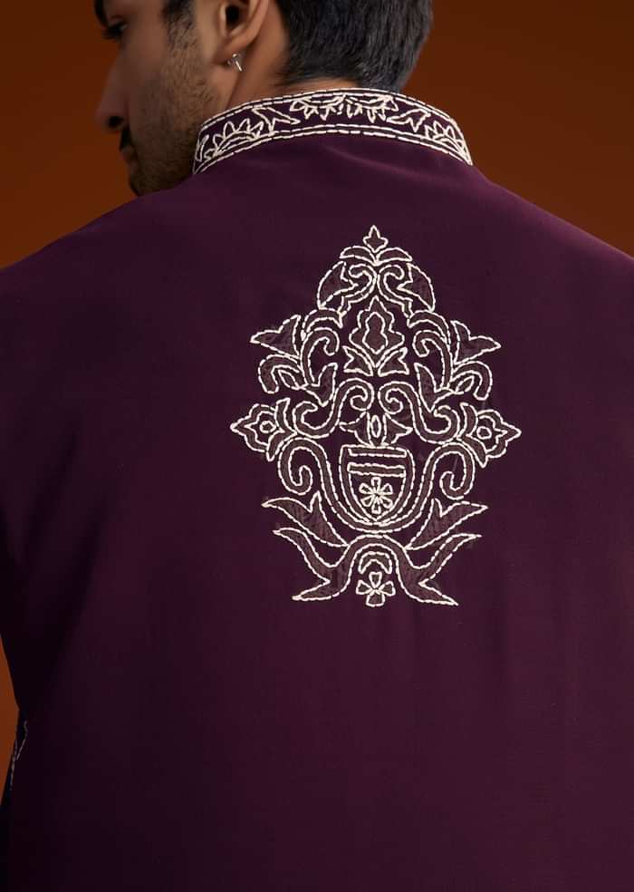 Wine Jacket Kurta Set With Thread Resham Embroidery