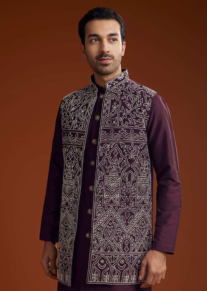 Wine Jacket Kurta Set With Thread Resham Embroidery