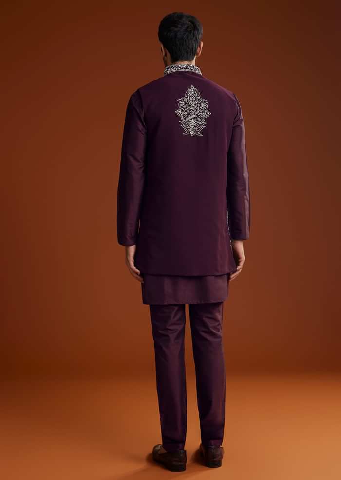Wine Jacket Kurta Set With Thread Resham Embroidery