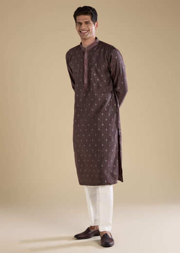 Wine Jacquard Self Work Mens Kurta and Pant Set