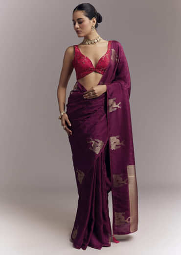 Wine Jacquard Silk Woven Saree With Brocade Work And Embroidery Wine Jacquard Silk Woven Saree With Brocade Work And Embroidery