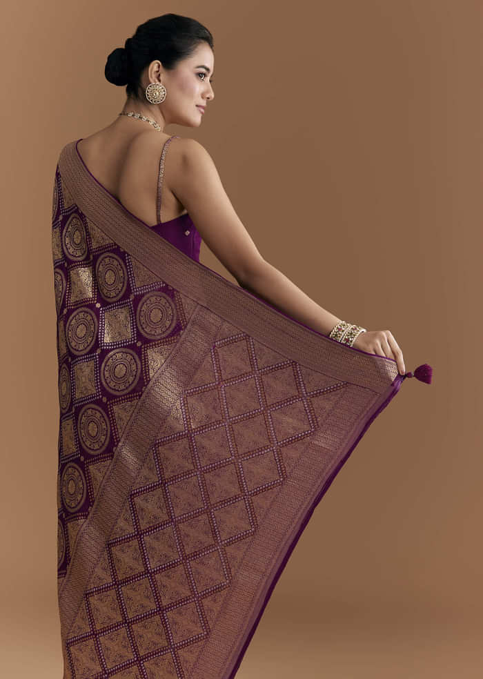 Wine Khadhi Georgette Saree With Geometric Motifs In Zari Work